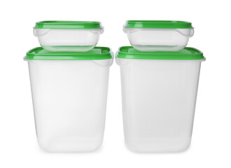 Empty plastic containers on white background. Food storage