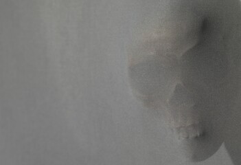 Silhouette of creepy ghost with skull behind cloth, space for text