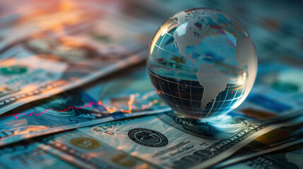 A glass globe with a globe on top of it with a stack of money underneath