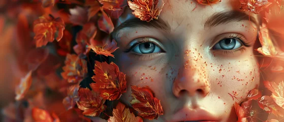 Fotobehang whimsical scene with a womans portrait her face adorned with vivid autumn leaves © DJSPIDA FOTO