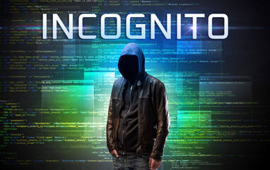 Faceless hacker on code background