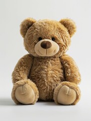 A plush teddy bear sits alone against a white backdrop, exuding warmth and comfort in its solitude.