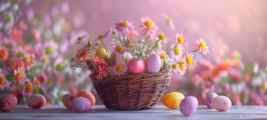 Wicker Easter Basket with Easter eggs and flowers in pastel colors. Traditional basket weaving techniques photography. Happy Easter Cards & Greetings. Easter banner, poster, wallpaper - obrazy, fototapety, plakaty