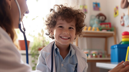 A young boy is smiling while a woman in a white coat looks on. The boy is wearing a doctor's outfit and he is in a hospital setting - obrazy, fototapety, plakaty