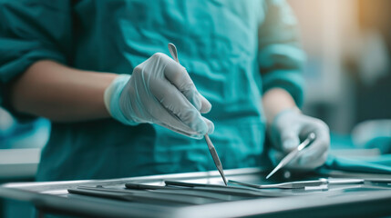A surgeon is holding a pair of scissors and a scalpel, preparing to perform a surgery. The scene is set in a hospital operating room, with the surgeon wearing a green surgical gown and gloves - obrazy, fototapety, plakaty