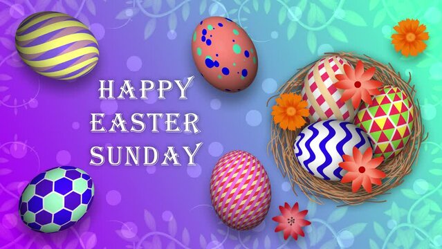 Happy easter Sunday blessings clip with beautifully decorated eggs on blue gradient colour background. - Powered by Adobe