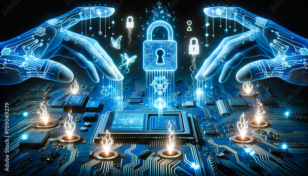 Poster human hands using digital padlock on digital microcircuits background to secure data. cyber security
