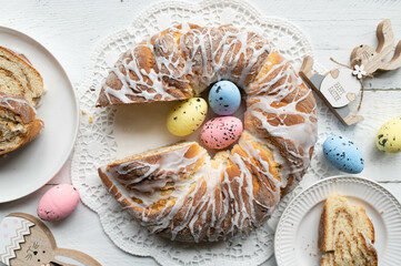 Easter bread wreath with nut filling. Delicious german yeast pastry