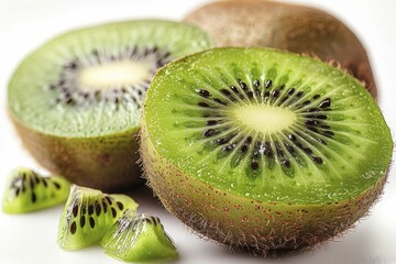 One ripe kiwi fruit, halved, set against a white backdrop.