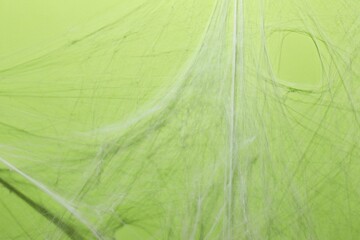 Creepy white cobweb hanging on green background