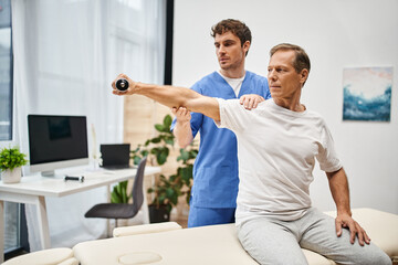 good looking doctor in blue robe helping his mature handsome patient with dumbbell on rehabilitation