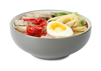Delicious ramen in bowl isolated on white. Noodle soup