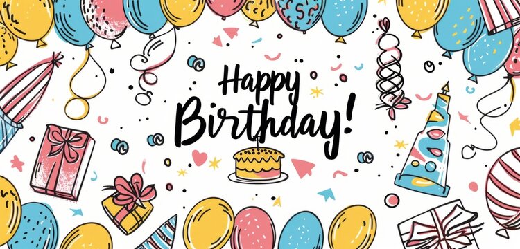 illustration of a birthday background with hand drawn elements such as balloons, cake and gifts The words "Happy Birthday!" are written in the center on a white background Generative AI