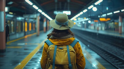 a woman wearing a hat and backpack standing in a subway station
