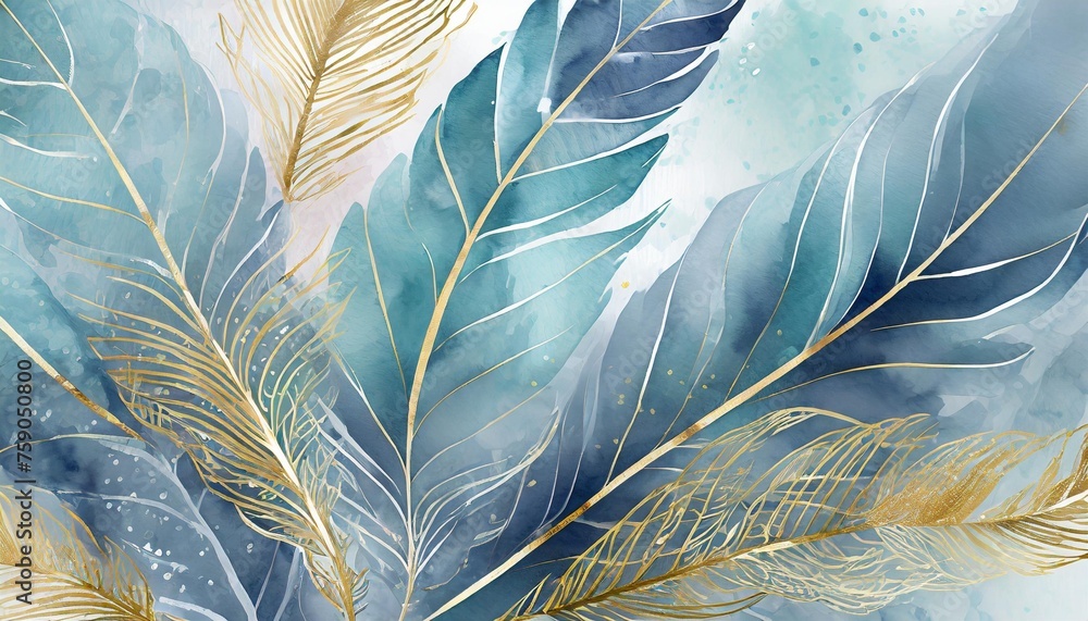 Poster luxury background with watercolor feathers in line art with gold decor pattern in blue tones for the