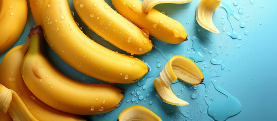 Fototapeta premium Fresh ripe yellow bananas on blue background top view. Healthy food, tropical fruit. 