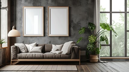 a cozy modern living room with a rustic sofa positioned near a grey wall adorned with two frames, all under the soft glow of natural light pouring in from a spacious windo