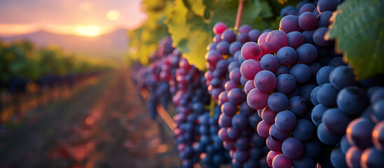 Ripe blue grape clusters on the vine close up. Vineyard on background. Sunset.
