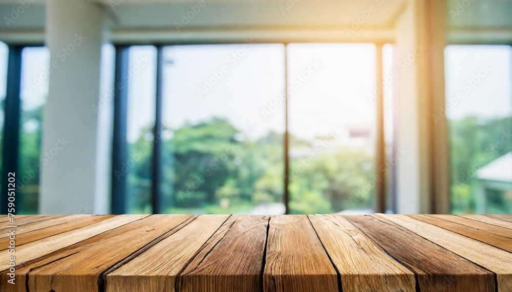 Wall mural wood table top on blur white glass window background form office building