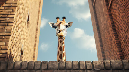 Portrait of a playful and inquisitive giraffe, peeking over a tall brick wall