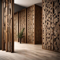 Minimalist interior design of modern rustic entrance hall with abstract wooden room divider