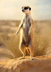 Meerkat standing upright and alert in the desert