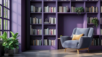a cozy reading corner in a modern interior, with a purple Scandinavian bookcase as the focal point, paired harmoniously with a comfortable armchair