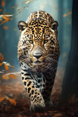 Close-up of a jaguar walking in the jungle