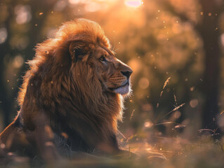 The peacefulness of a lion lying in the grass, bathed in the warm light of the setting sun