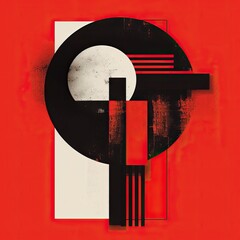 An abstract poster featuring the letter 'G' in a bold geometric design with a textured red and black background, blending Swiss typography and modern art.