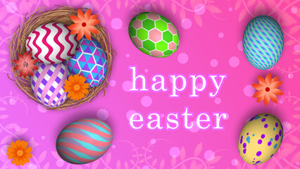 happy easter blessings on gradient colour background with flowers and decorated easter eggs.