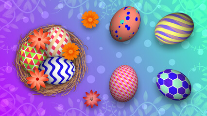 bright decorated easter background. beautiful easter eggs in nest. beautiful easter background.