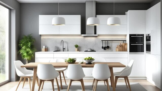 3d rendering. Modern new light interior in the kitchen with white furniture and dining table.