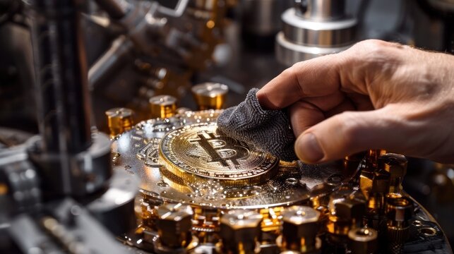 Bitcoin Coin Meticulously Polished in Industrial Setting
