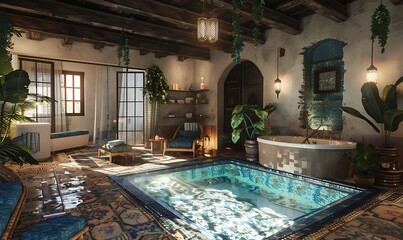 a virtual retreat through 3D rendering, merging Daz3D style with modern spa elements, 