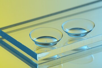 Pair of contact lenses on mirror surface, closeup