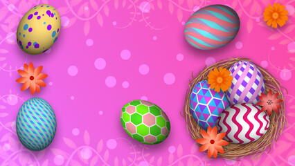 beautifully decorated easter background with colourful flowers and eggs. copy space for Easter greetings.