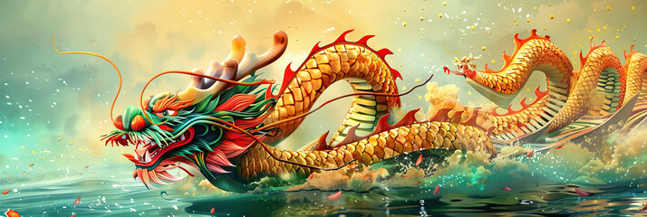 Obraz premium The Dragon Boat Festival, celebrated in China and other East Asian countries, features dragon boat races, rice dumplings, and cultural performances to commemorate the ancient poet Qu Yuan