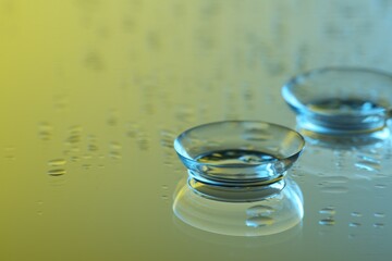 Pair of contact lenses on wet mirror surface, closeup. Space for text