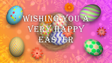 wishing you a very happy easter blessings on little blur shape and decorated easter eggs. concept for easter wishes.