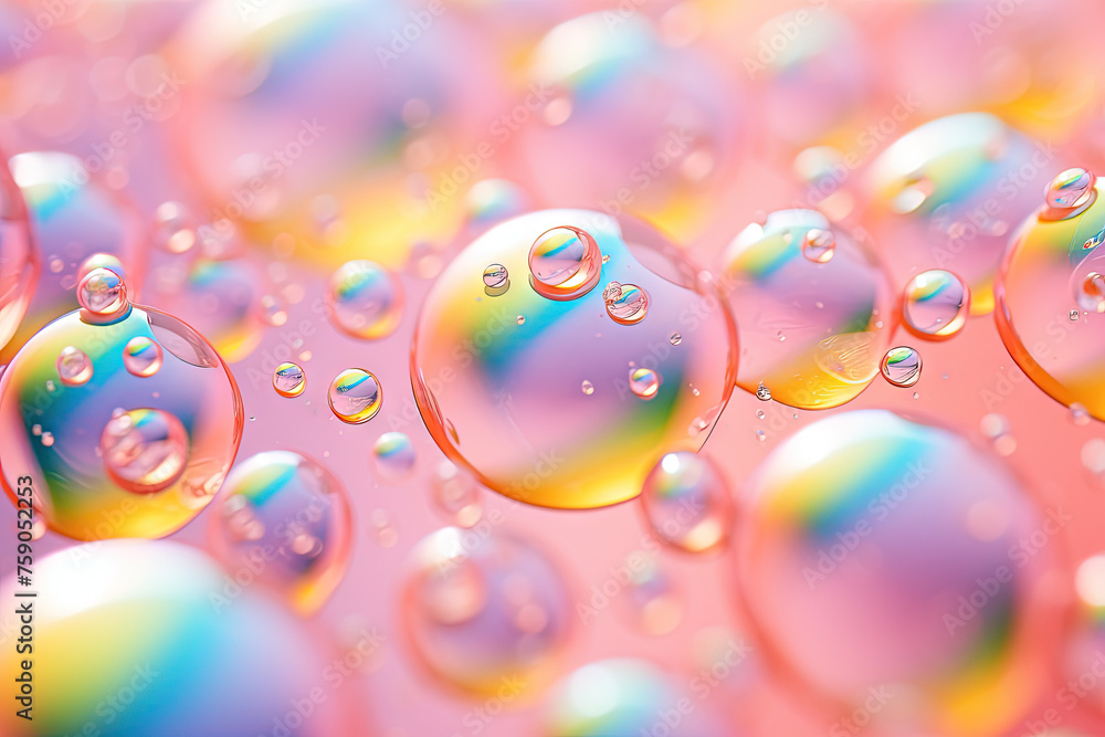 Poster Pink holographic bubbles floating on the soft colorful abstract background in beautiful vivid tones.