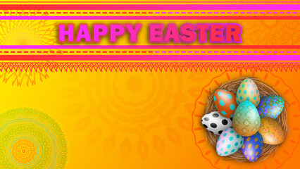 happy easter blessings on Indian traditional Design background with beautiful eggs in nest.