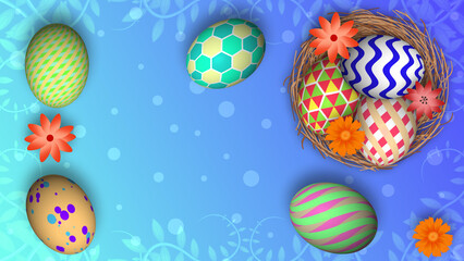 beautiful easter background. decorated easter holiday image with colourful flowers and decorated easter eggs.