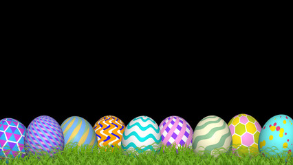 beautifully decorated easter eggs with grass on black background. easter eggs cut out for easter day decoration.