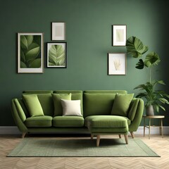 Interior of living room with green sofa.