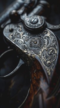 A meticulously detailed close-up of a vintage firearm showcasing the intricate designs and craftsmanship of historical weapons. Emphasizing the balance between power and responsibility