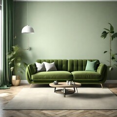 Interior of living room with green sofa.