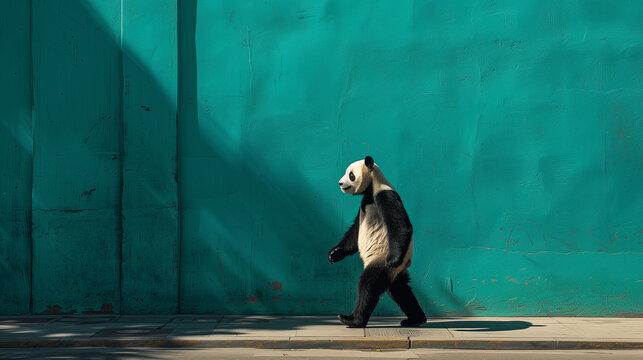 A Panda Masked Figure Gliding Along a Teal Wall