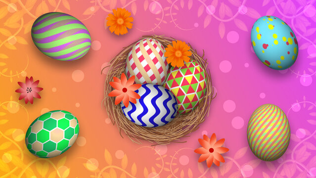 beautiful background of Easter holiday with decorated eggs and bright colours.  decorative easter holiday image.