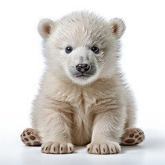 Obraz premium Drolliger junger Eisbär, freigestellt vor weissem Hintergrund, Generative KI